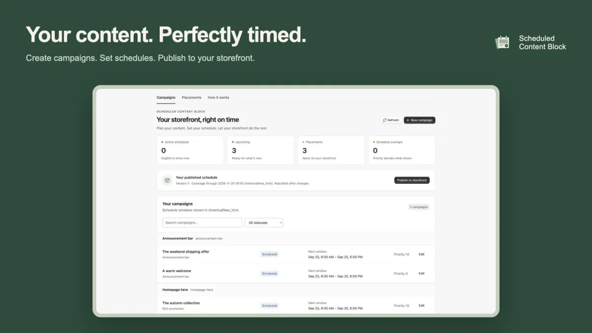 Scheduly Content Block for Shopify: Schedule storefront banners and announcements ahead of time.